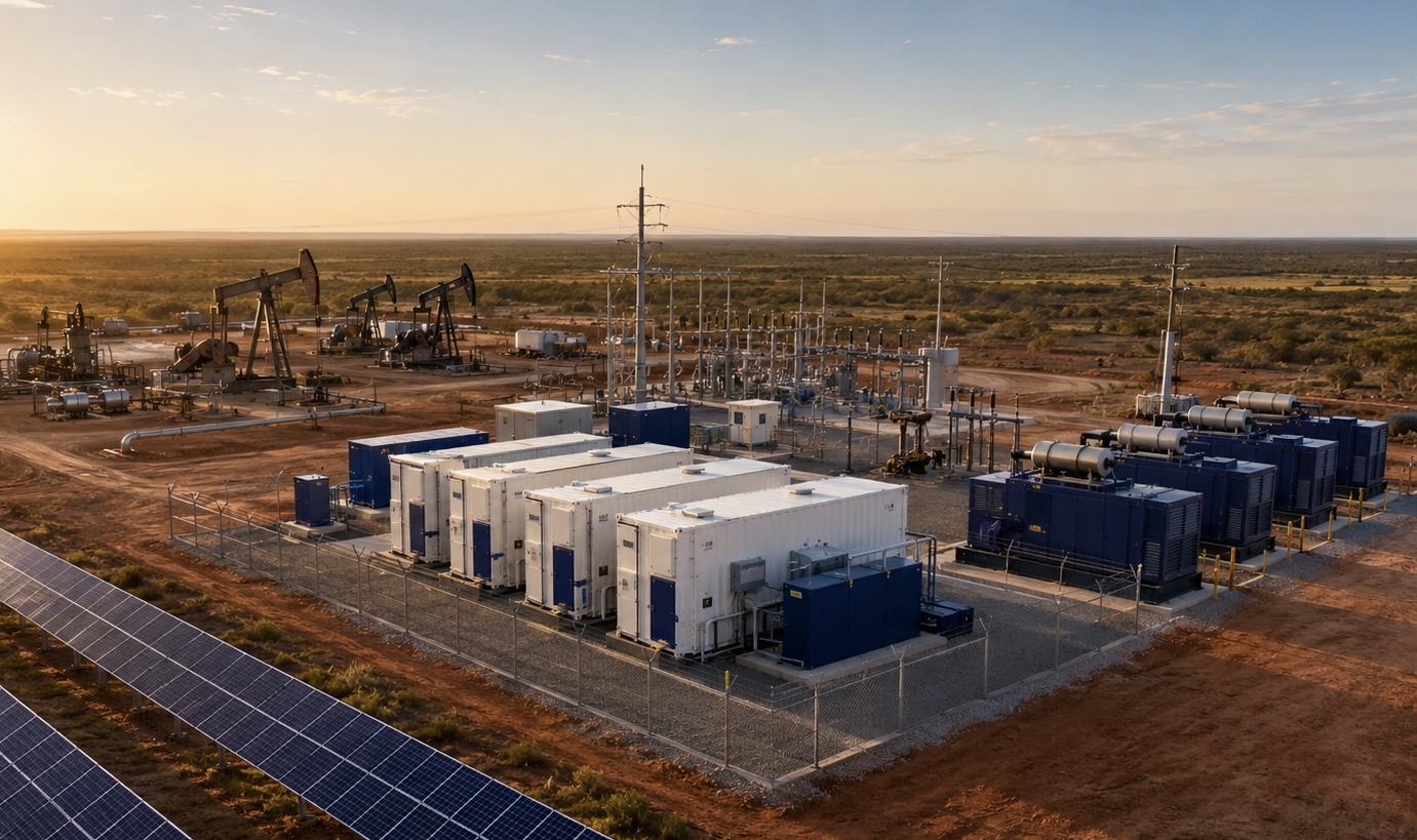 Integrated oilfield power infrastructure with solar panels, battery storage, generators, and electrical distribution equipment