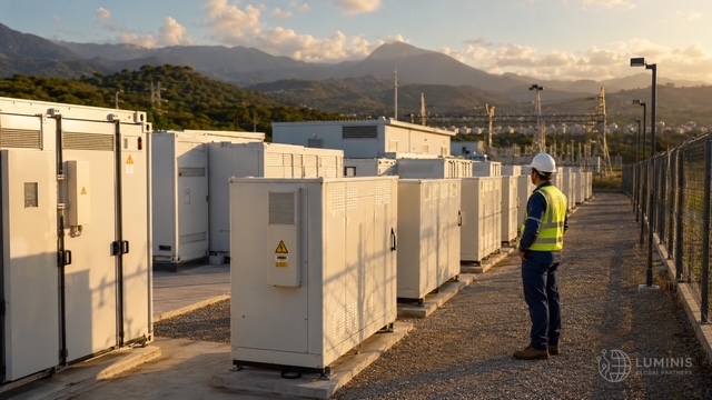Technician inspecting utility-scale energy storage systems
