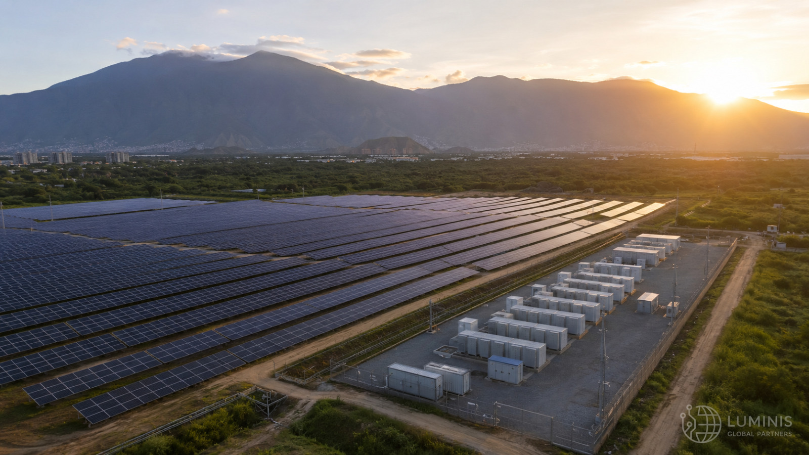 Solar generation and battery storage infrastructure at sunrise